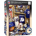NFL New England Patriots 500-piece jigsaw puzzle box showing a detailed locker room scene with jerseys, helmets, trophies, and team memorabilia. The box features NFL and New England Patriots branding and a circular team logo on the front.