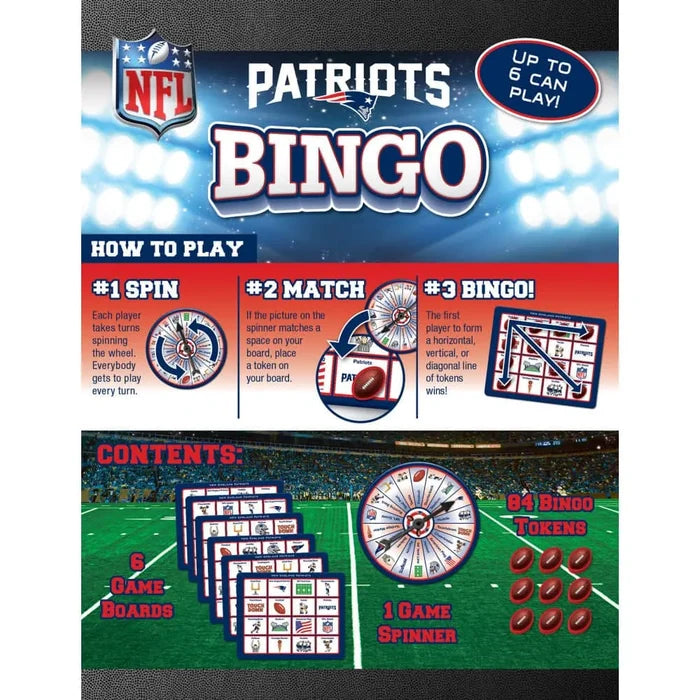NFL Patriots Bingo game set with instructions and game components on a colorful background