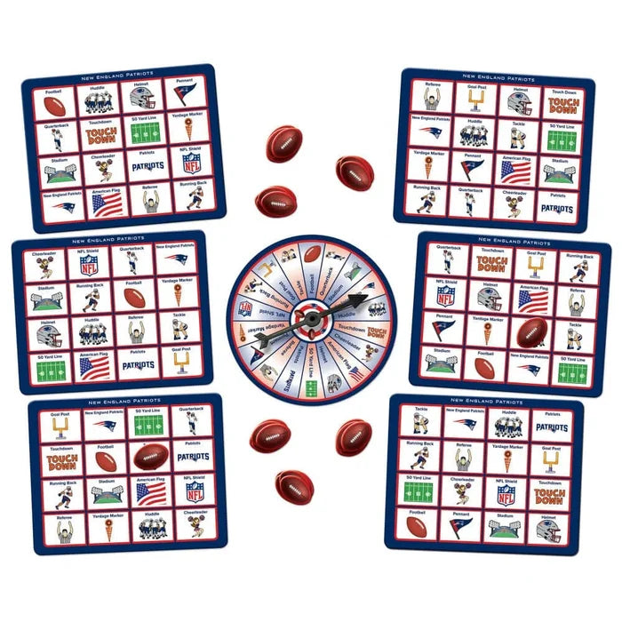 Set of New England Patriots-themed game components including cards and a spinner on a white background.