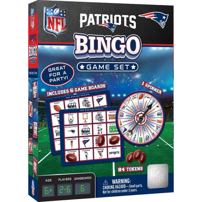 NFL Patriots Bingo game set packaging with graphics and text on a white background