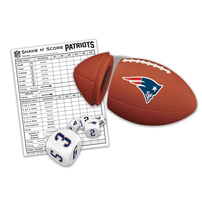 Football-themed game set with dice and scorecard featuring New England Patriots logo on a white background
