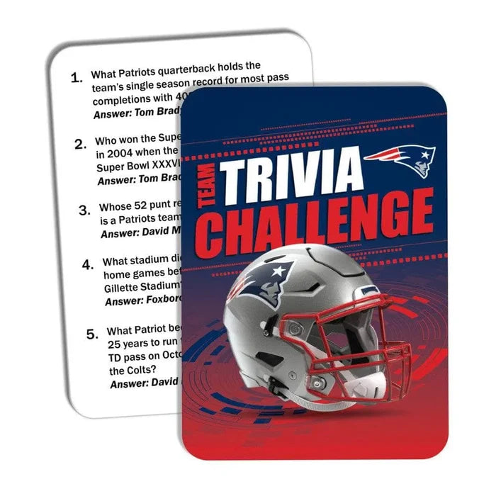 A rectangular trivia game card or booklet cover with the text 'Team Trivia Challenge' and a Patriots helmet graphic, shown alongside the back side featuring numbered trivia questions. The design is blue, red, white, and silver.