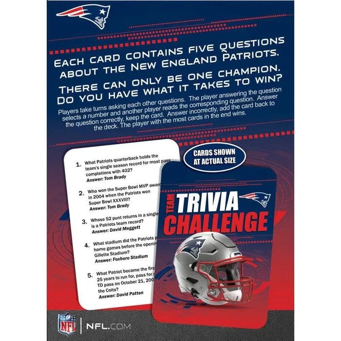New England Patriots trivia challenge card game packaging with helmet and text