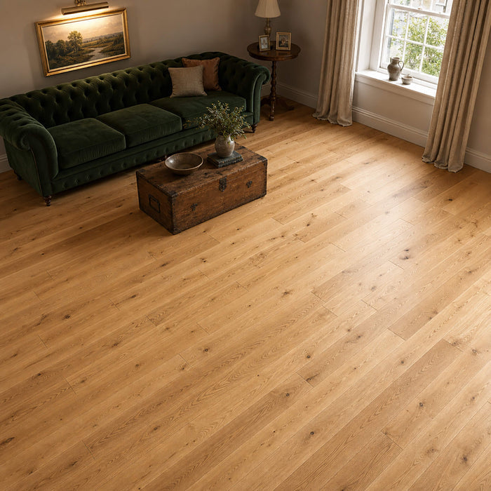 Natural Oak UV Oiled 150mm engineered wood flooring in a living room setting.