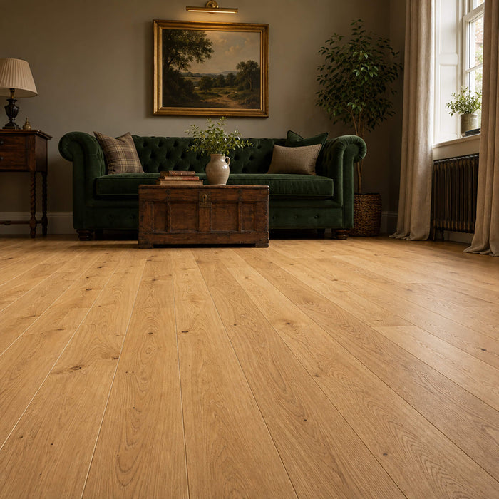 Living room with Natural Oak UV Oiled 150mm engineered wood flooring, green sofa, and decorative elements.