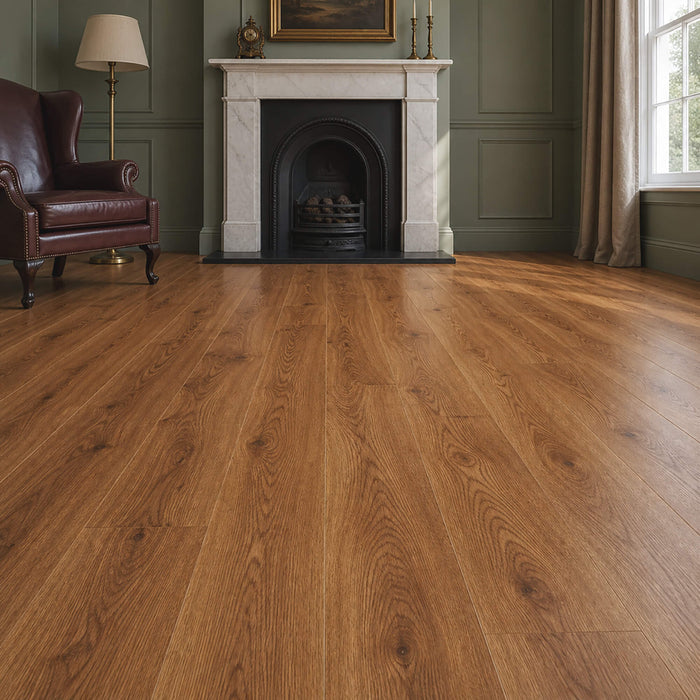 Natural Oak Country laminate flooring in a home reception room setting.