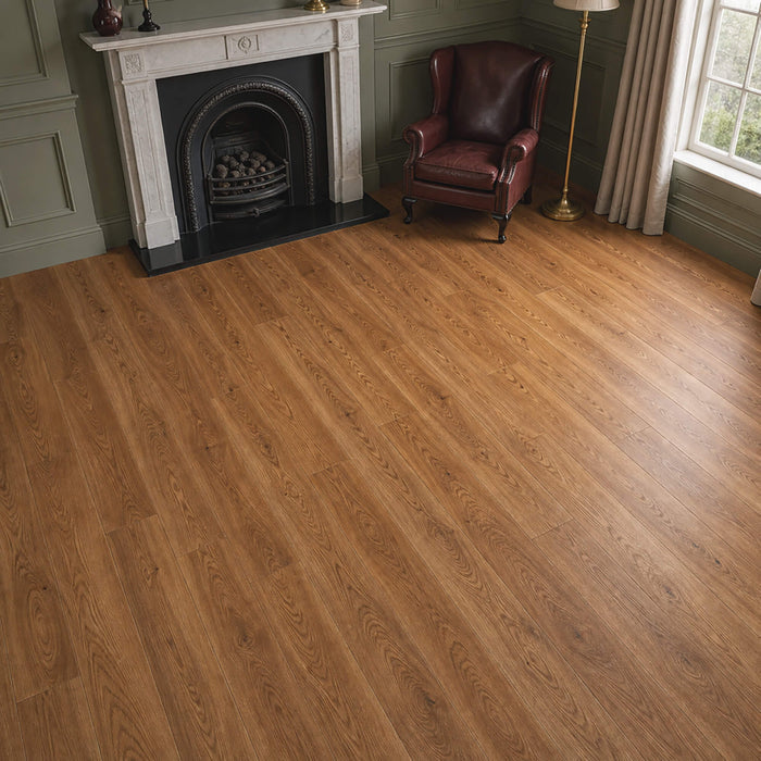 Natural Oak Country laminate flooring in a home living room setting.