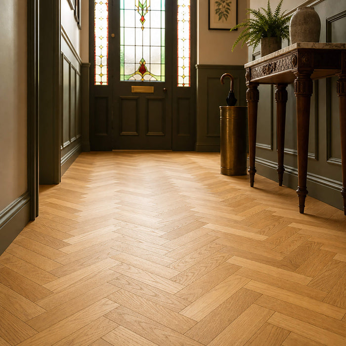 Natural Oak Herringbone Brushed and UV Oiled Engineered Wood Flooring in a traditional hallway setting.