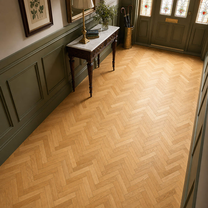 Natural Oak Herringbone Brushed and UV Oiled Engineered Wood Flooring in a hallway setting.