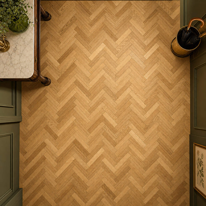 Elevated view of Natural Oak Herringbone Brushed and UV Oiled Engineered Wood Flooring in a hallway.