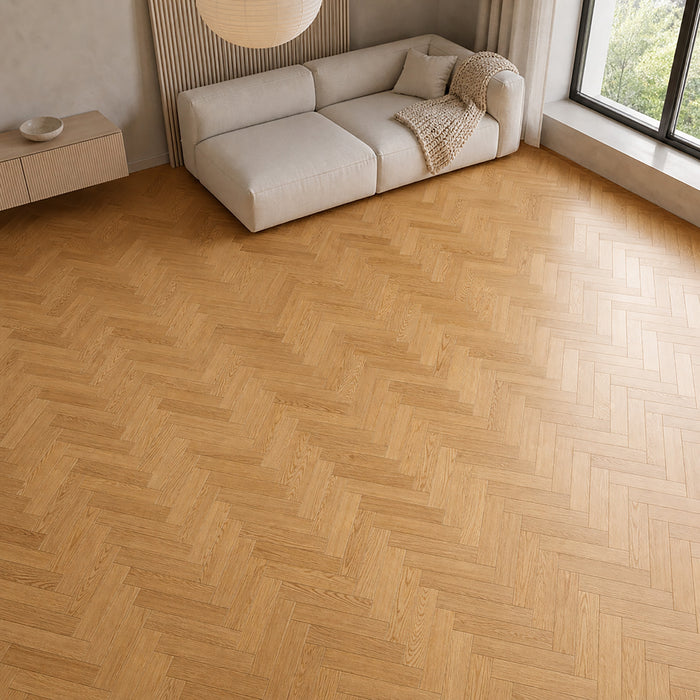 Natural Oak Herringbone Lacquered 90mm engineered wood flooring in a living room setting.