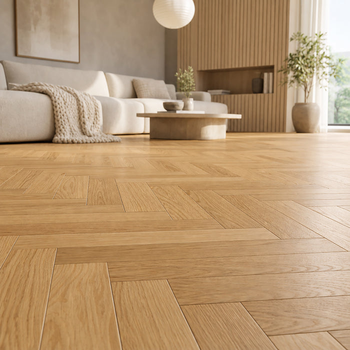 Natural Oak Herringbone Lacquered 90mm engineered wood flooring in a modern living room with a sofa and coffee table.
