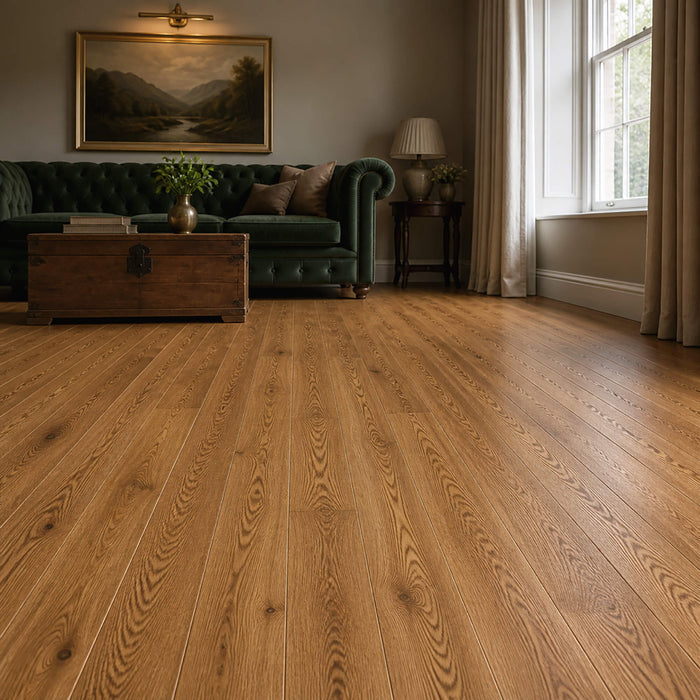 Natural Oak Prestige laminate flooring in a modern living room setting.