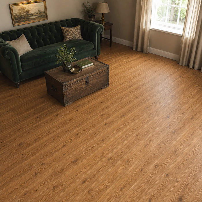 Natural Oak Prestige laminate flooring on a home living room setting.