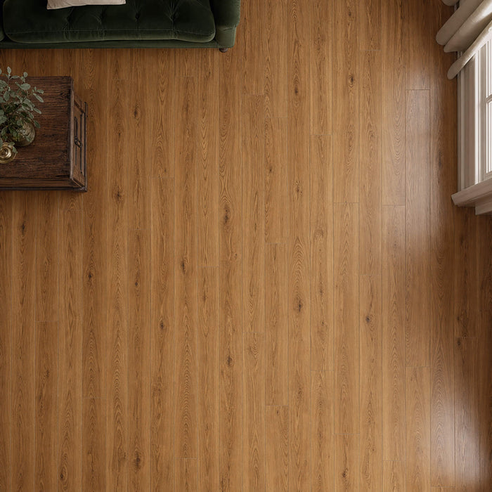 Elevated view of Natural Oak Prestige laminate flooring in a modern living room setting.