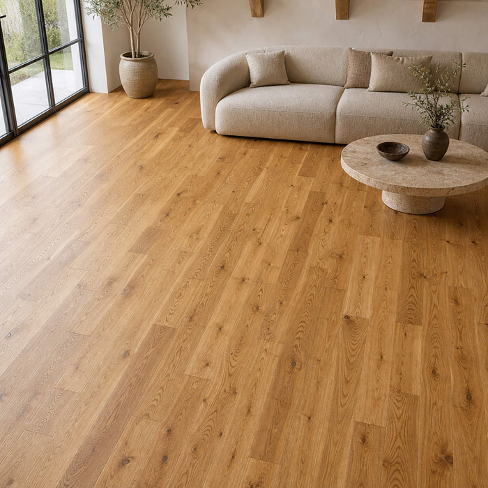 Natural Oak 120mm Timberclick Lacquered Engineered Wood Flooring with visible grain and texture in a living room setting.