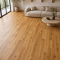 Natural Oak 120mm Timberclick Lacquered Engineered Wood Flooring with visible grain and texture in a living room setting.