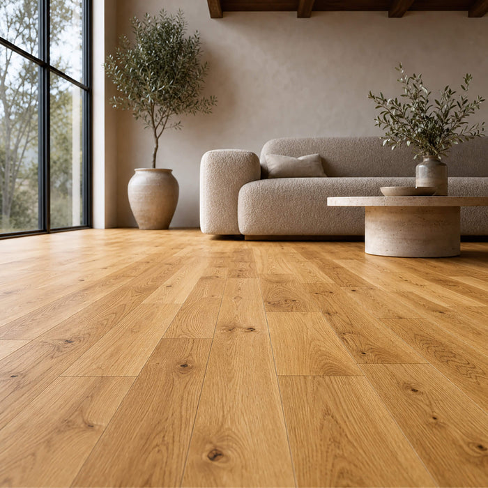 Natural Oak 120mm Timberclick Lacquered Engineered Wood Flooring with visible grain and texture in a living room setting with decorative plants.