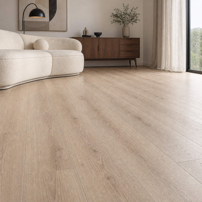 Natural Sterling Oak laminate flooring in a modern home living room setting.