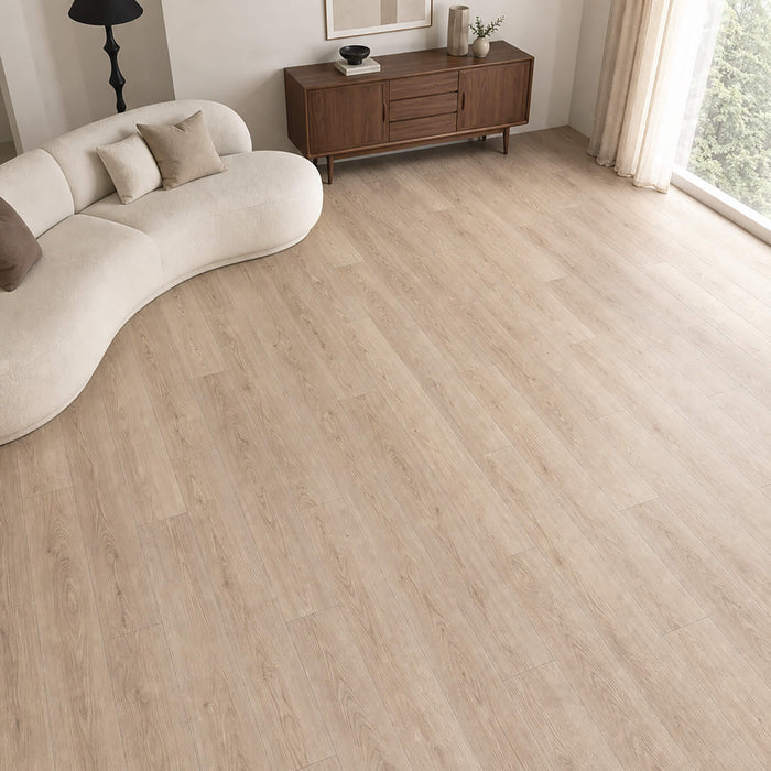 Natural Sterling Oak laminate flooring in a modern living room setting.