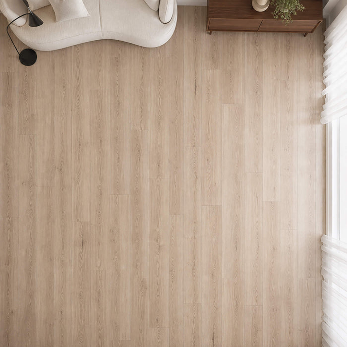 Elevated view of Natural Sterling Oak laminate flooring in a modern living room setting.