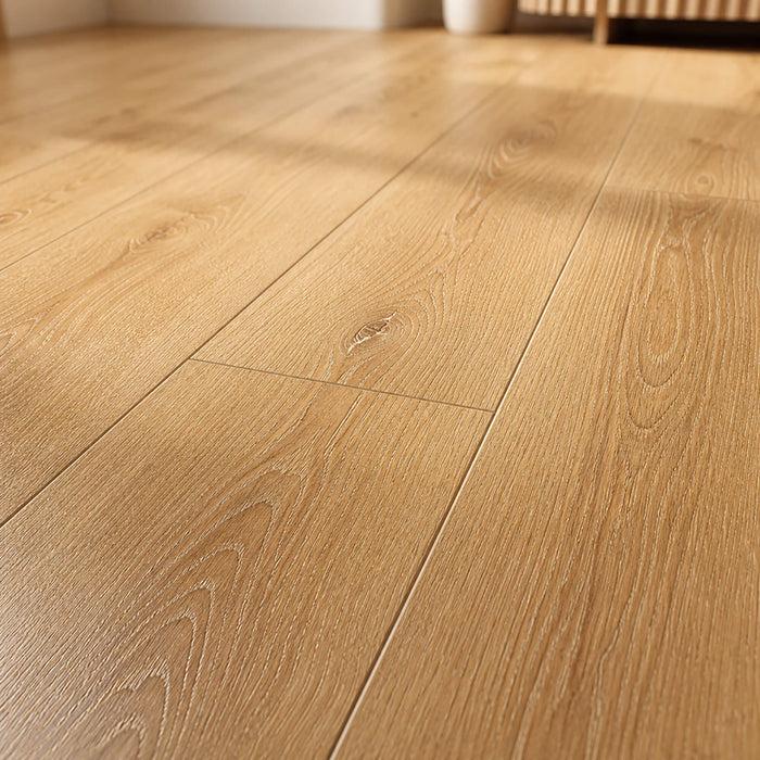 Close-up of the grain and texture of New England Oak Prestige laminate flooring.