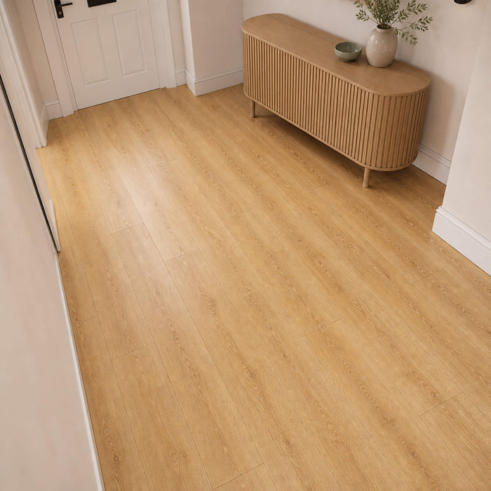New England Oak Prestige laminate flooring in a home hallway setting.