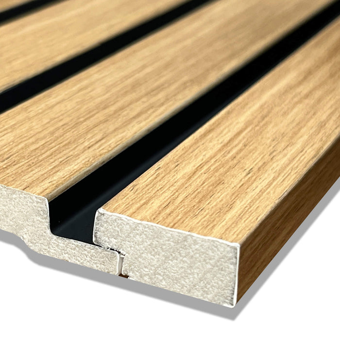 Close-up of an Oak Aqua Slatwall Left Trim connecting to a slatwall panel on a white background.
