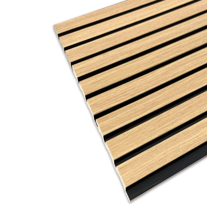 Close-up of a board of Oak Aqua Slatwall Panel on a white background