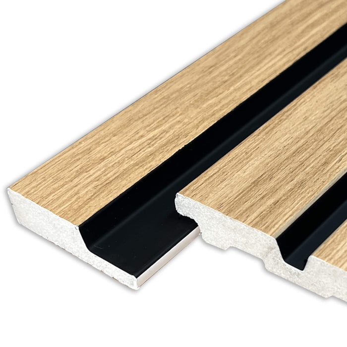 Wooden floor trim with black center and white edges on a white background