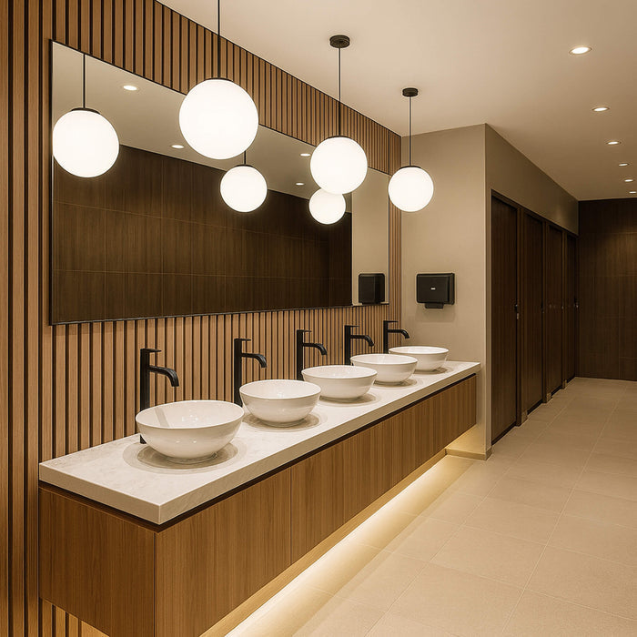 Modern bathroom with a row of sinks and mirrors with Oak Aqua Slatwall Panelling on a feature wall.
