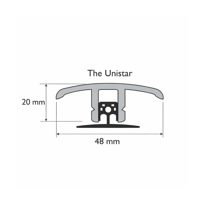 Technical drawing of an Unistar 900mm wide Door Bar on a white background.