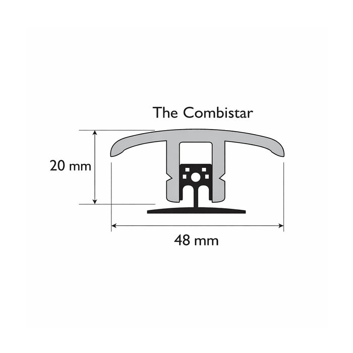 Measurement diagram of a combistar door  bar on a white background