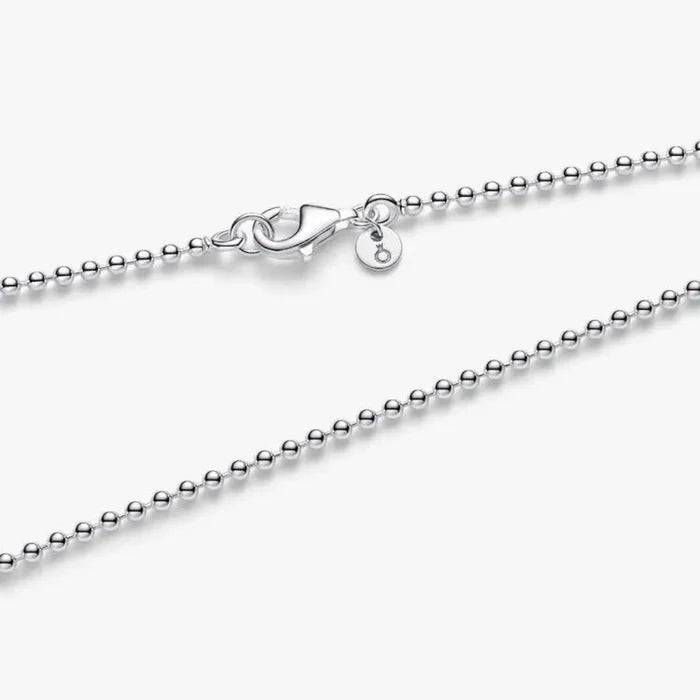 Close-up of the Pandora Ball Chain Necklace in sterling silver, showing its modern beaded texture on a white background.