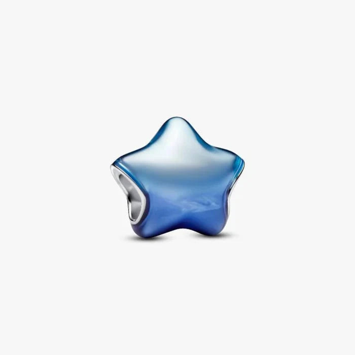 Sterling silver puffy star charm with transparent blue enamel