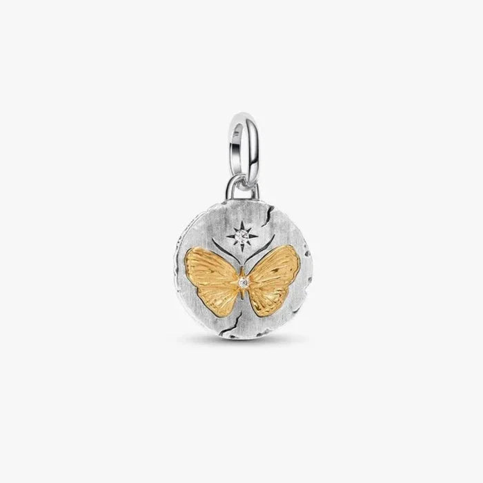 PANDORA Butterfly Medallion Charm with mixed-metal finish, detailed butterfly design and SOMNIARE AUDE engraving