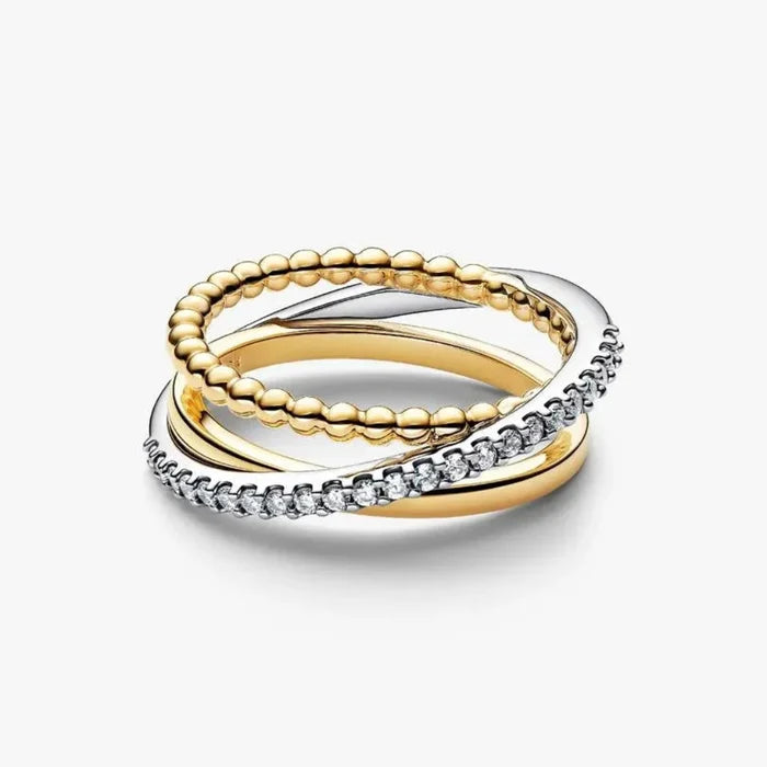 PANDORA Crossover Beads & Pavé Triple Band Ring in sterling silver and 14k gold plating