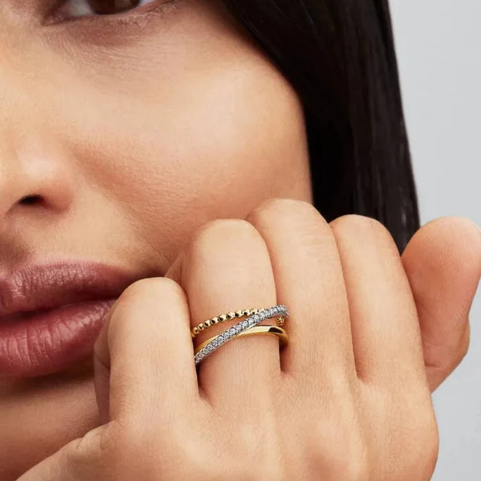 PANDORA Crossover Beads & Pavé Triple Band Ring in sterling silver and 14k gold plating
