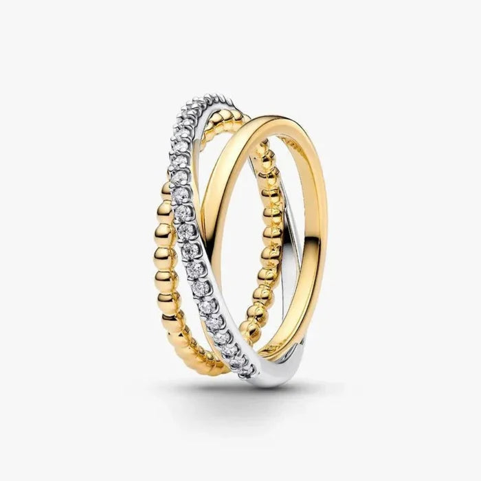 PANDORA Crossover Beads & Pavé Triple Band Ring in sterling silver and 14k gold plating