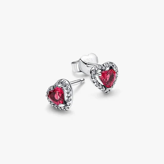 Pandora Elevated Red Heart Stud Earrings in sterling silver displayed on a white background.