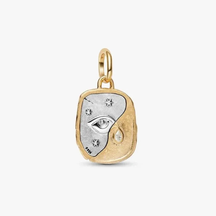 PANDORA Eye Medallion Charm in sterling silver and 14k gold plating with raised eye motif, teardrop stone and NOSCE TE IPSUM engraving