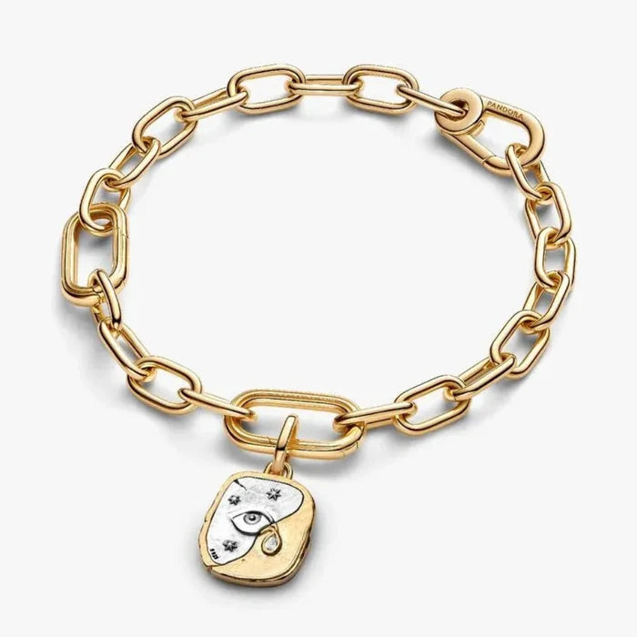PANDORA Eye Medallion Charm in sterling silver and 14k gold plating with raised eye motif, teardrop stone and NOSCE TE IPSUM engraving