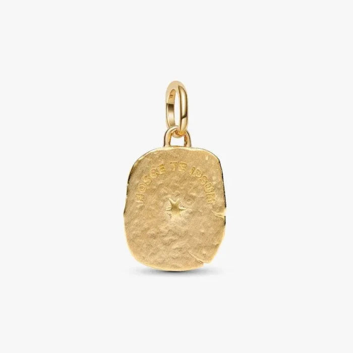 PANDORA Eye Medallion Charm in sterling silver and 14k gold plating with raised eye motif, teardrop stone and NOSCE TE IPSUM engraving