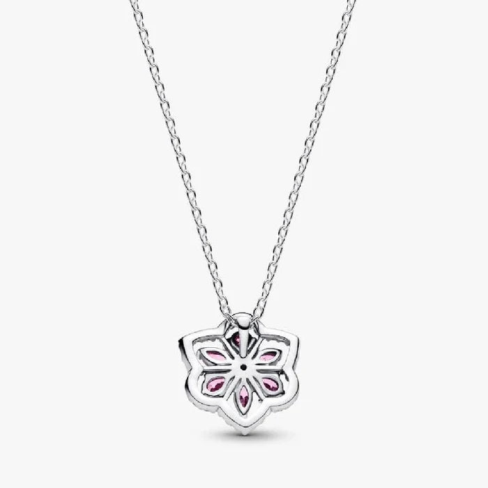 A delicate chain featuring a pink flower pendant embellished with sparkling diamonds.
