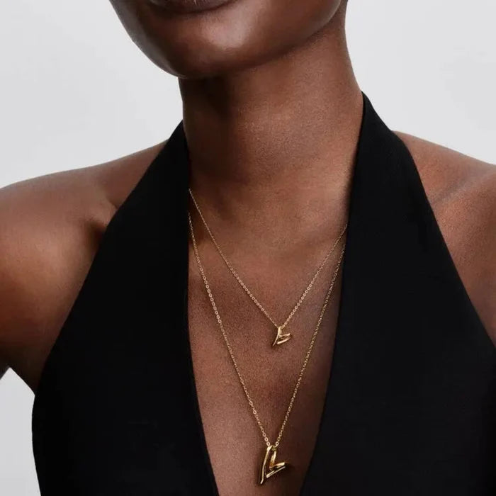 Close‑up of openwork heart collier styled with other gold necklaces