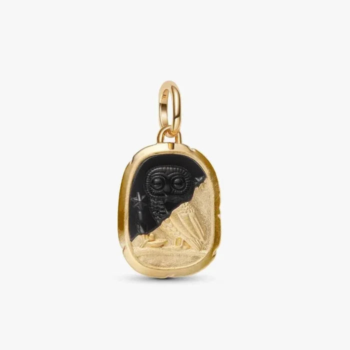 PANDORA Owl Medallion Charm in 14k gold plating with raised owl design, black man-made crystal and LUX ET SAPIENTIA engraving