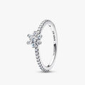 A diamond flower ring featuring a delicate white gold band, showcasing intricate floral designs with sparkling gemstones.
