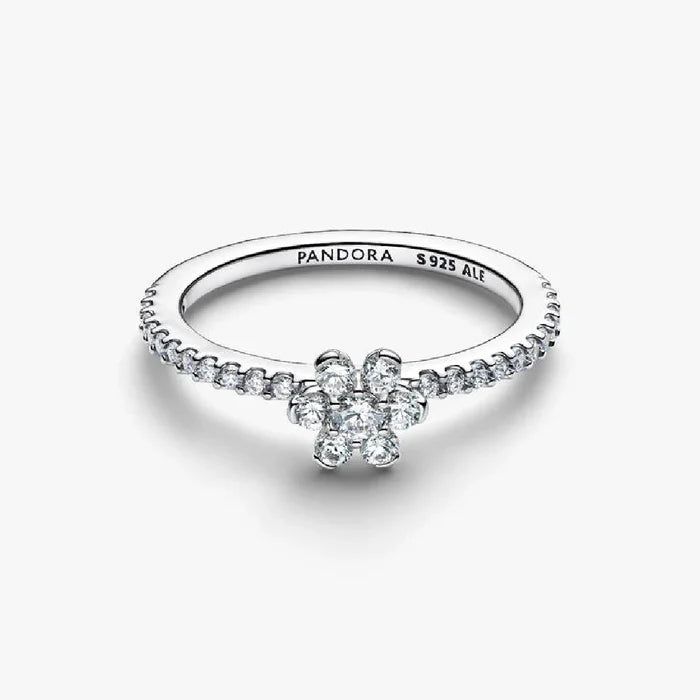 Elegant diamond flower ring set on a white gold band, highlighting a beautiful floral arrangement of shimmering diamonds.