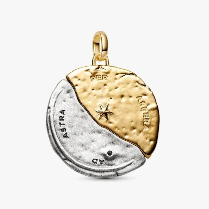 PANDORA Sun & Moon Oversized Medallion Charm in sterling silver and 14k gold plating with celestial motifs and AD ASTRA PER ASPERA engraving