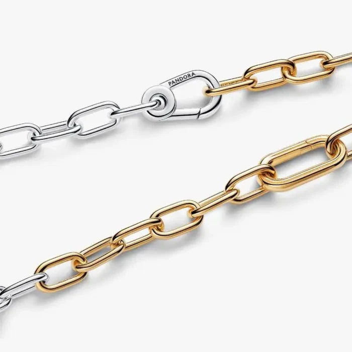 Mixed-metal Pandora Two-Tone Link Chain Necklace featuring two openable links and a carabiner clasp.